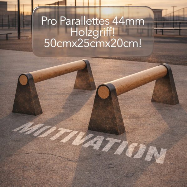 Holz‑Parallettes mit grafischen Maßangaben und Hinweis „20 cm Höhe, demontierbar“.